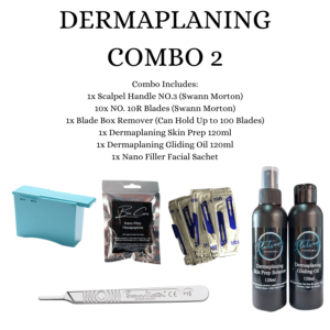 Dermaplaning Combo 2 (1xScalpelSWM)10x10RBlades1xBladeBoxRemover1xSkinPrep1xGlidingOil1xNanoFiller)